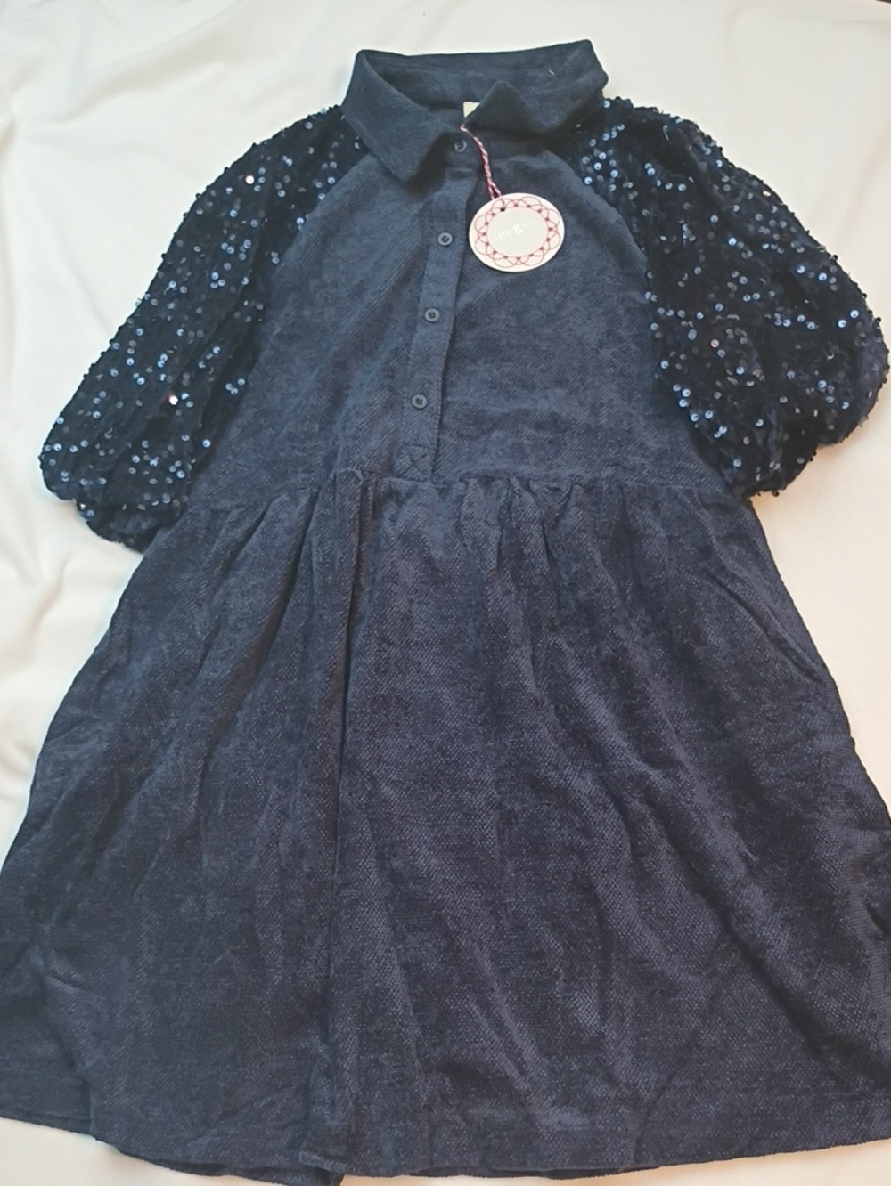 Umgee Women's Navy Sequin Sleeve Dress - Classic Polo Collar